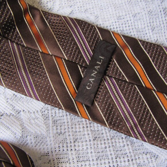 CANALI Tie 3.5" x 59" Brown Orange Textured Diagonal Stripe 100% Silk, - Picture 5 of 6